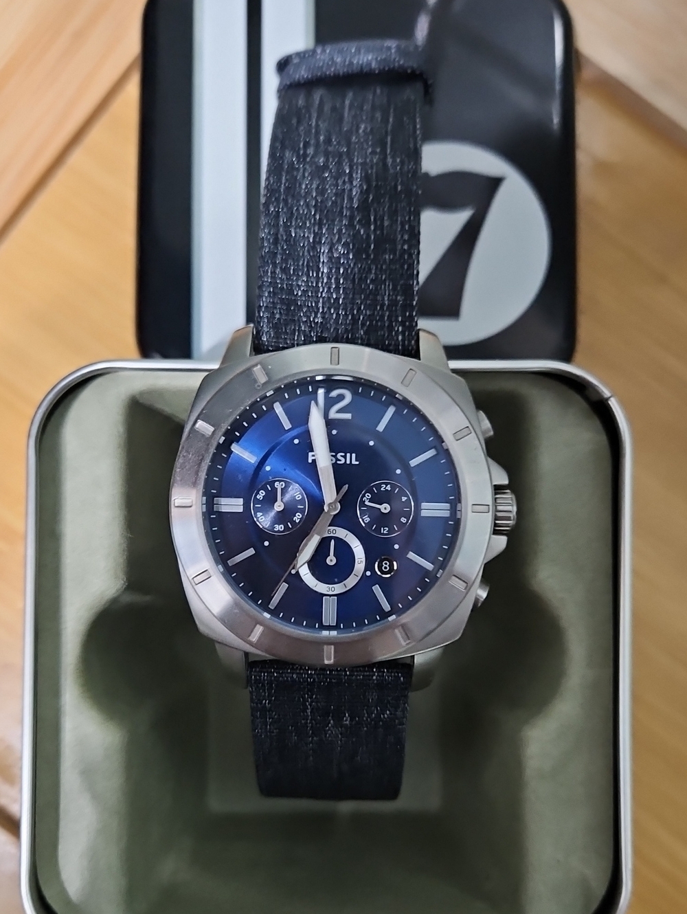 Fossil Men Privateer Chronograph Watch With Blue Dial And Denim Strap Like New